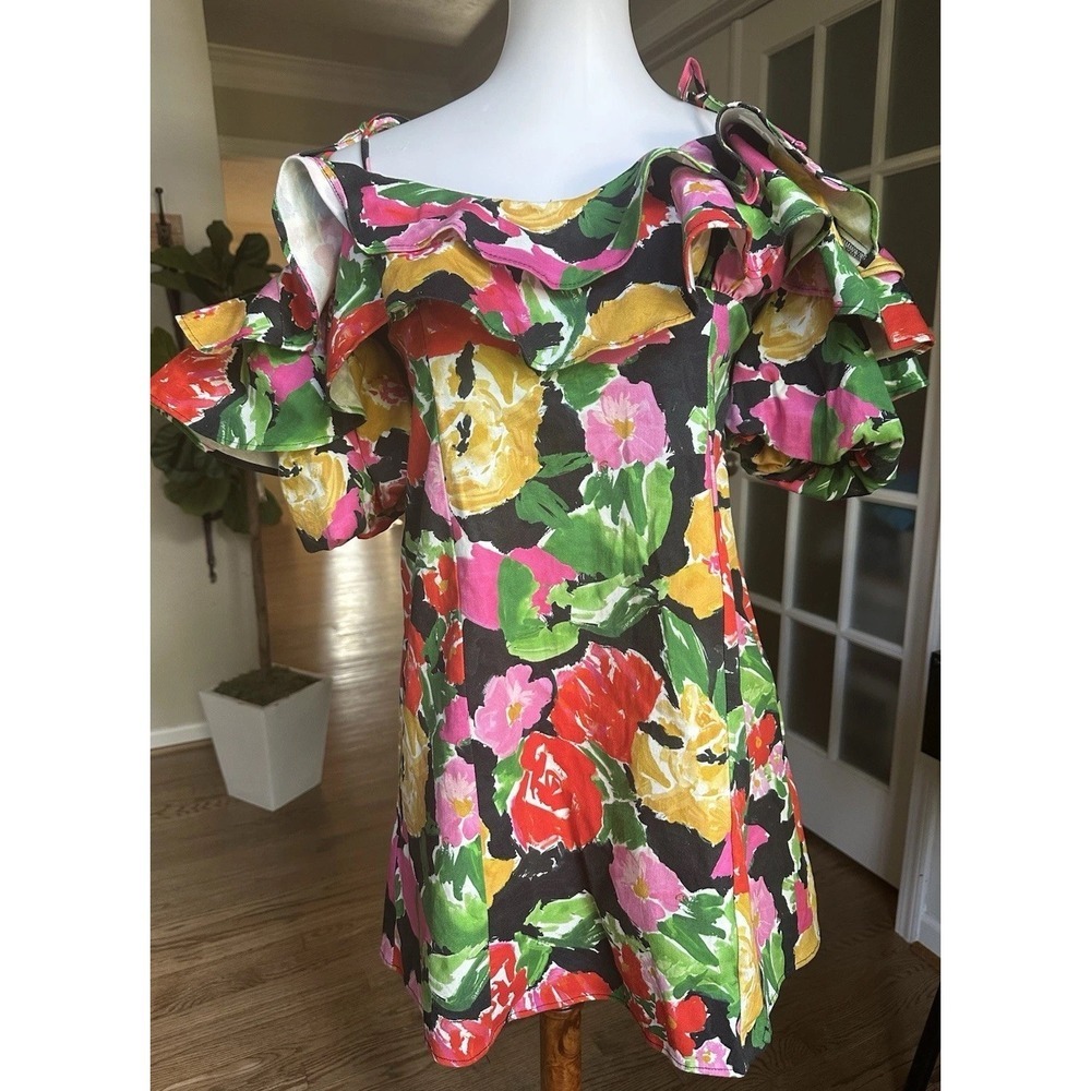 Topshop Cotton Blend Bold Floral Ruffle Off Shoulder Bardot Mini Dress Size 8 - Picture 2 of 6